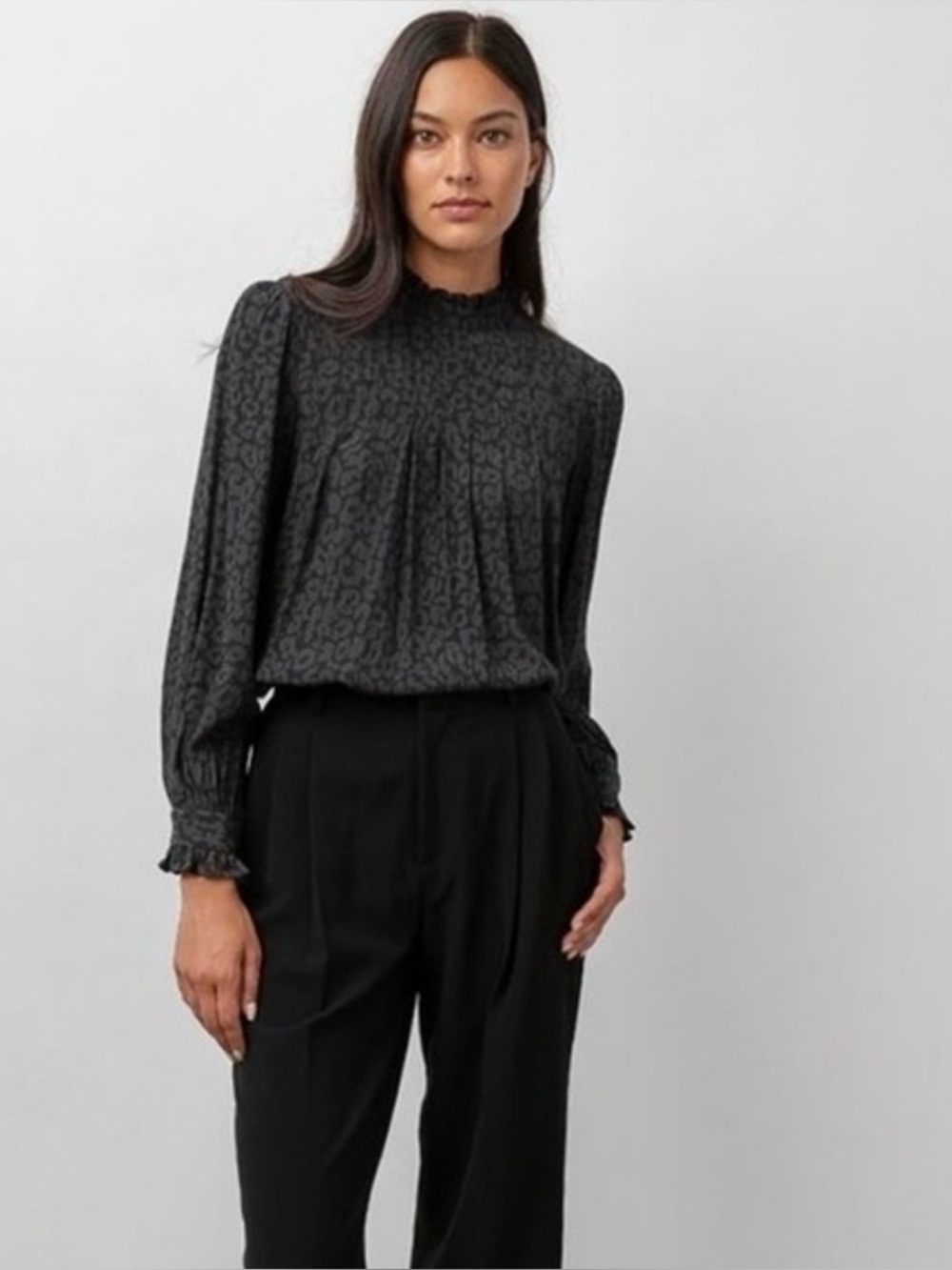 Rails Ariana Blouse Top Charcoal Batik Cheetah High Neck Long Sleeve Ruffle